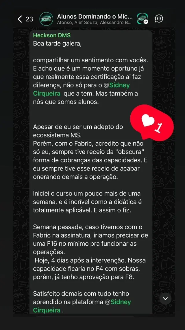 Depoimento de aluno da formação, número 1
