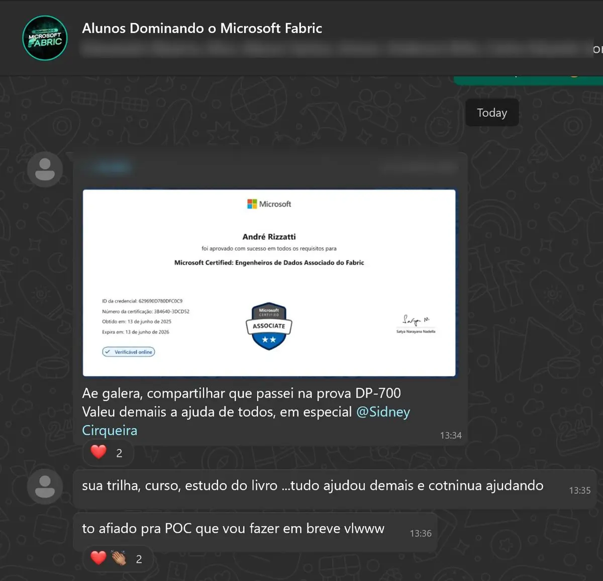 Depoimento de aluno da formação, número 3