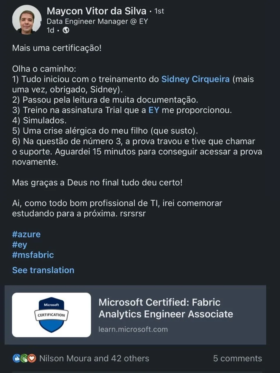 Depoimento de aluno da formação, número 7