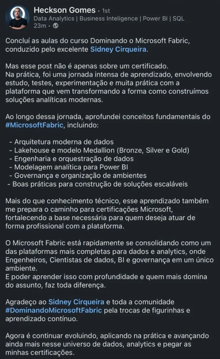 Depoimento de aluno da formação, número 8